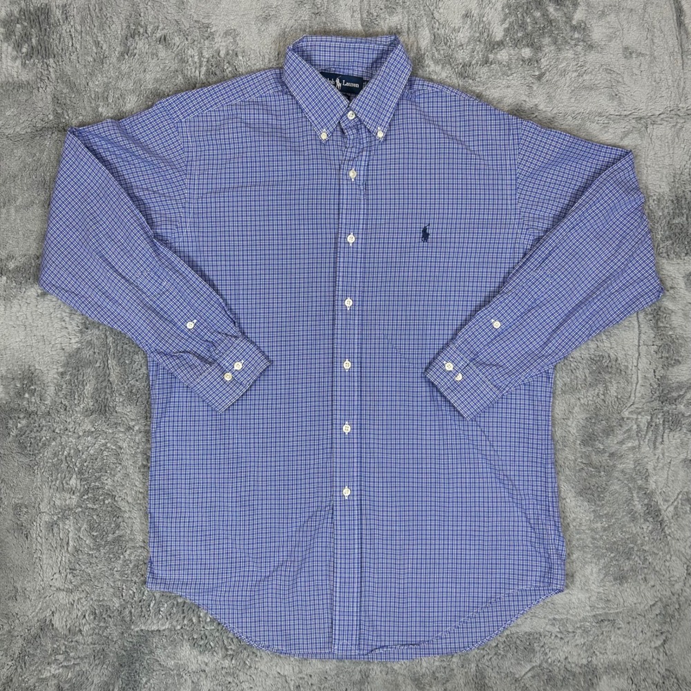 Ralph Lauren Yarmouth Mens 15.5 32/33 Blue White Micro Check Cotton Shirt